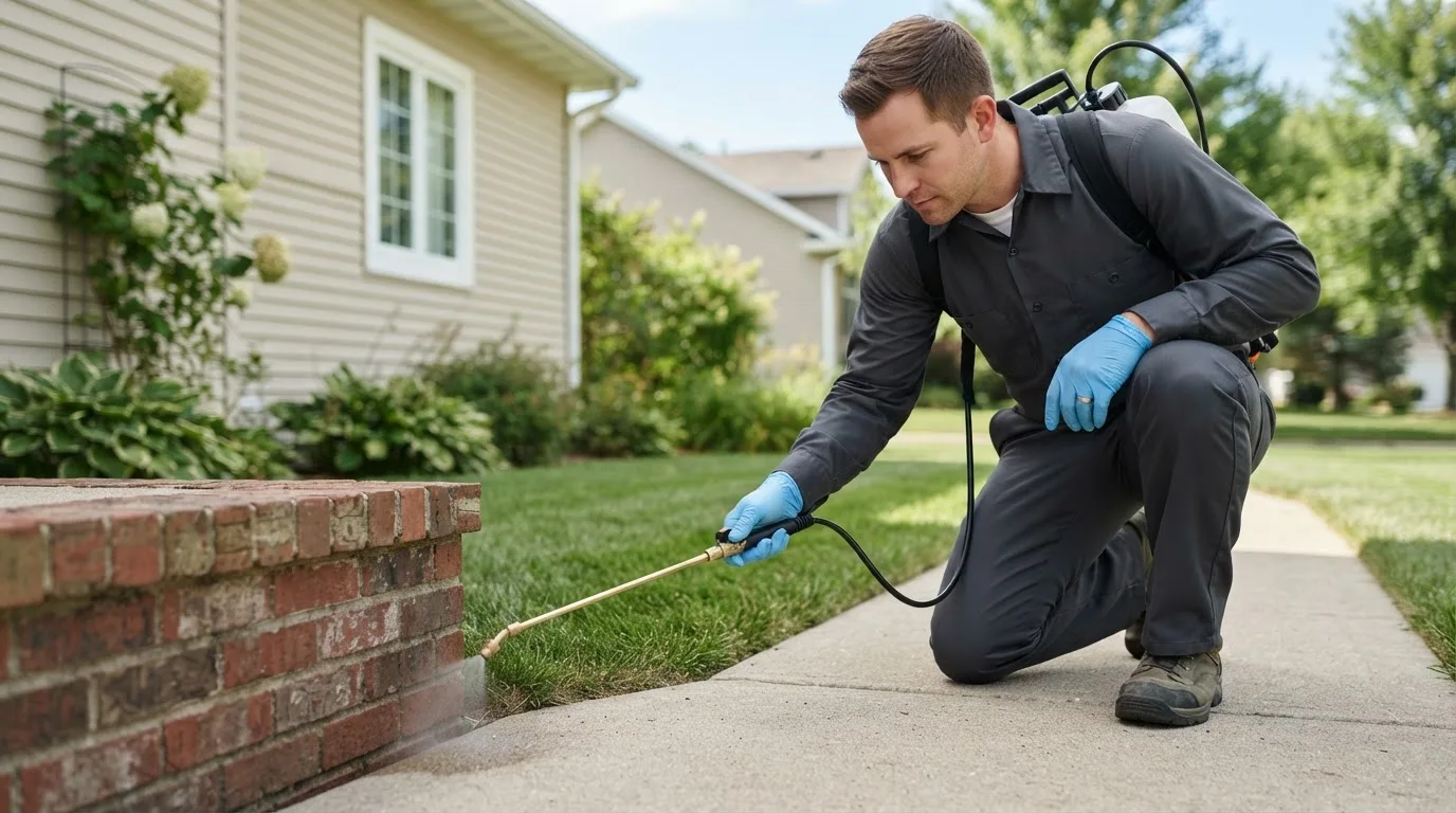 Pest control technician treating a home near Lansing, KS